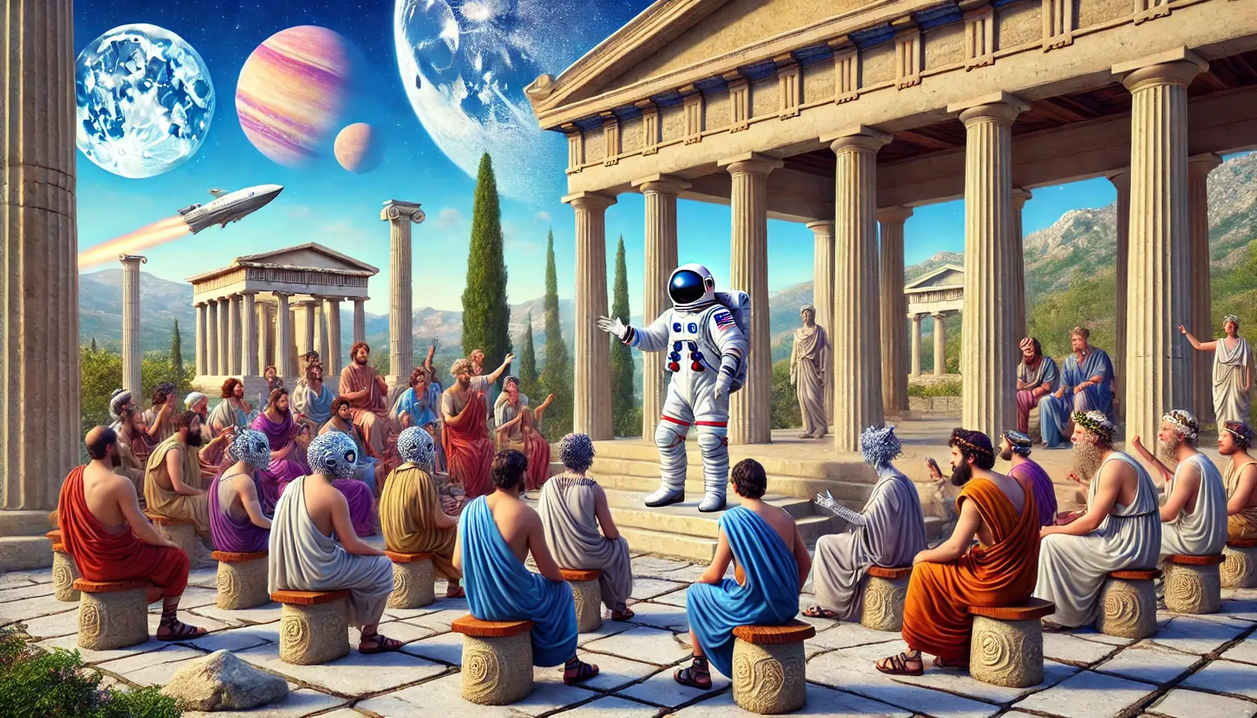 Ateneo greco futuristico dove un astronauta tiene lezione a un pubblico di greci e alieni, con pianeti e astronavi sullo sfondo